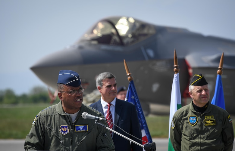 Lt. Gen. Richard Clark, 3rd Air Force commander, speaks to U.S. and Bulgarian visitors as well as media during a press event at Graf Ignatievo Air Base, April 28, 2017, highlighting the first training deployment of the F-35A Lightning II to Bulgaria. Eight F-35s deployed from Hill Air Force Base, Utah to RAF Lakenheath, England on April 15. Two of the eight forward deployed to Bulgaria for a brief time which allowed the F-35s to engage in familiarization training within the European theater while reassuring allies and partners of U.S. dedication to the enduring peace and stability of the region. The F-35s are assigned to the 34th Fighter Squadron and are supported by total force Airmen from the 388th Fighter Wing, and the Air Force Reserve’s 466th Fighter Squadron, 419th Fighter Wing, Hill Air Force Base, Utah. A KC-135 Stratotanker assigned to the 459th Air Refueling Wing provided the aerial refueling capability allowing the aircraft to fly non-stop to their destination. (U.S. Air Force photo by Tech. Sgt. Ryan Crane) 