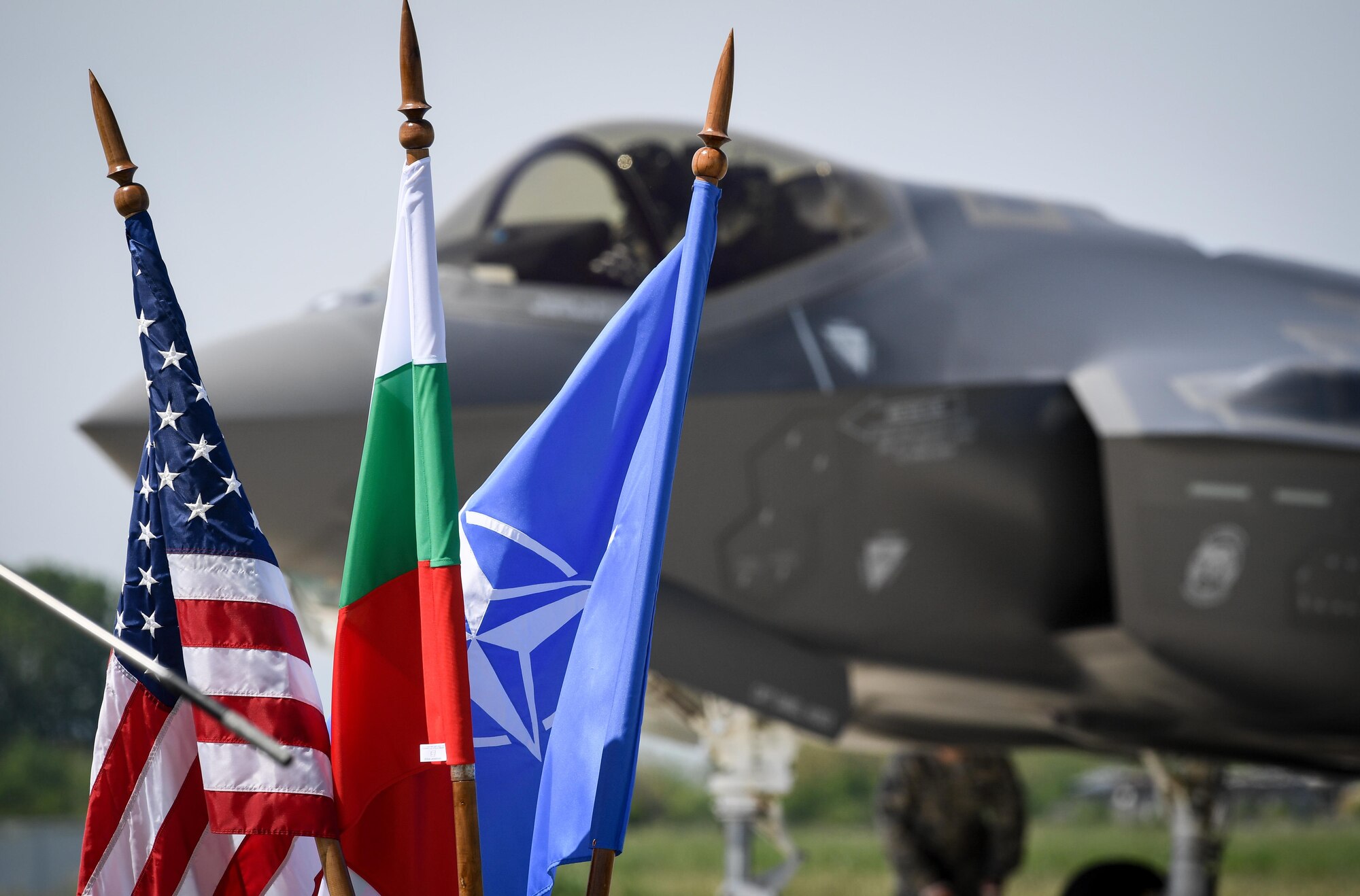 A U.S. Air Force F-35A Lightning II aircraft arrives at Graf Ignatievo Air Base, Bulgaria, April 28, 2017, marking the first time the NATO country has hosted the 5th generation fighter aircraft. Eight F-35s deployed from Hill Air Force Base, Utah to RAF Lakenheath, England on April 15. Two of the eight forward deployed to Bulgaria for a brief time which allowed the F-35s to engage in familiarization training within the European theater while reassuring allies and partners of U.S. dedication to the enduring peace and stability of the region. The F-35s are assigned to the 34th Fighter Squadron and are supported by total force Airmen from the 388th Fighter Wing, and the Air Force Reserve’s 466th Fighter Squadron, 419th Fighter Wing, Hill Air Force Base, Utah. A KC-135 Stratotanker assigned to the 459th Air Refueling Wing provided the aerial refueling capability allowing the aircraft to fly non-stop to their destination. (U.S. Air Force photo by Tech. Sgt. Ryan Crane) 