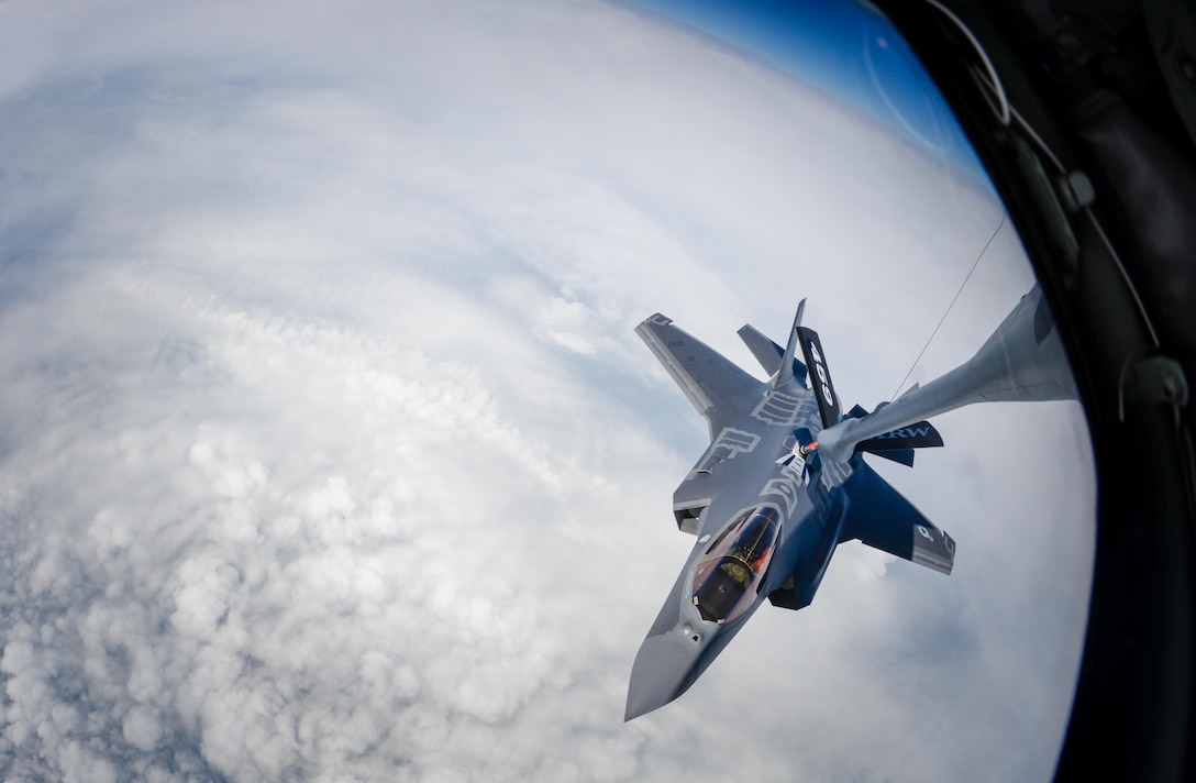 A U.S. Air Force F-35A Lightning II aircraft assigned to Hill Air Force Base, Utah, prepares to be refueled by a 459th Air Refueling Wing KC-135 Stratotanker during a flight to Graf Ignatievo Air Base, Bulgaria, April 28, 2017. Eight F-35s deployed to RAF Lakenheath, England on April 15 and two forward deployed to Bulgaria for a brief time which allowed the F-35s to engage in familiarization training within the European theater while reassuring allies and partners of U.S. dedication to the enduring peace and stability of the region. The F-35s are assigned to the 34th Fighter Squadron and are supported by total force Airmen from the 388th Fighter Wing, and the Air Force Reserve’s 466th Fighter Squadron, 419th Fighter Wing, Hill Air Force Base, Utah.(U.S. Air Force photo by Staff Sgt. Kate Thornton)
