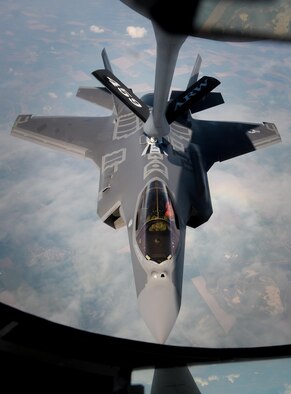 A U.S. Air Force F-35A Lightning II aircraft assigned to Hill Air Force Base, Utah, is refueled by a 459th Air Refueling Wing KC-135 Stratotanker during a flight to Graf Ignatievo Air Base, Bulgaria, April 28, 2017. Eight F-35s deployed to RAF Lakenheath, England on April 15 and two forward deployed to Bulgaria for a brief time which allowed the F-35s to engage in familiarization training within the European theater while reassuring allies and partners of U.S. dedication to the enduring peace and stability of the region. The F-35s are assigned to the 34th Fighter Squadron and are supported by total force Airmen from the 388th Fighter Wing, and the Air Force Reserve’s 466th Fighter Squadron, 419th Fighter Wing, Hill Air Force Base, Utah.(U.S. Air Force photo by Staff Sgt. Kate Thornton)