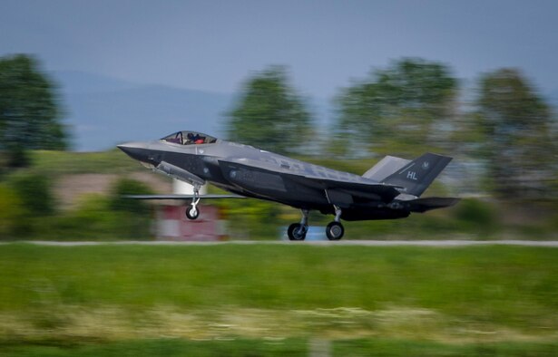 A U.S. Air Force F-35A Lightning II aircraft touches down at Graf Ignatievo Air Base, Bulgaria, April 28, 2017, marking the first time the NATO country has hosted the 5th generation fighter aircraft. Eight F-35s deployed from Hill Air Force Base, Utah to RAF Lakenheath, England on April 15. Two of the eight forward deployed to Bulgaria for a brief time which allowed the F-35s to engage in familiarization training within the European theater while reassuring allies and partners of U.S. dedication to the enduring peace and stability of the region. The F-35s are assigned to the 34th Fighter Squadron and are supported by total force Airmen from the 388th Fighter Wing, and the Air Force Reserve’s 466th Fighter Squadron, 419th Fighter Wing, Hill Air Force Base, Utah. A KC-135 Stratotanker assigned to the 459th Air Refueling Wing provided the aerial refueling capability allowing the aircraft to fly non-stop to their destination. (U.S. Air Force photo by Tech. Sgt. Ryan Crane) 