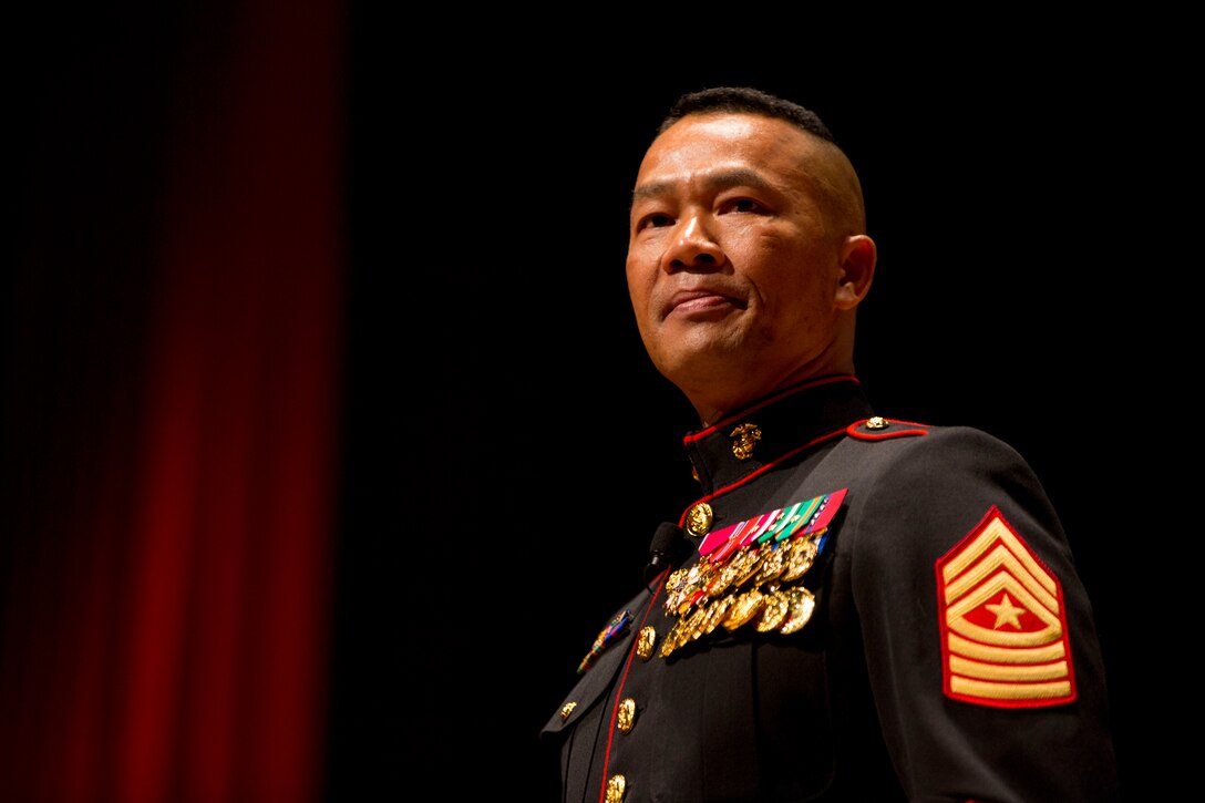 Sergeant Maj. Mike Lanpolsaen, the newly appointed sergeant major of Marine Corps Recruiting Command,  gives his remarks during a relief and appointment ceremony at Warner Hall aboard Marine Corps Base Quantico, Va.,  April 28, 2017. The ceremony represents the transfer of duties from the outgoing sergeant major, Sgt. Maj. Samuel Heyward, to the oncoming sergeant major.  Heyward retired after more than 30 years of faithful service. (U.S. Marine Corps Photo by Sgt. John Martinez)