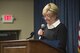 Libby Moore, Officers’ Spouses Club scholarship coordinator, speaks to students and parents during the OSC scholarship reception in the Red Morgan Center at Fairchild Air Force Base, Washington, April 27, 2017. The grants range from $250 to $1,250 for military dependents who maintain a 3.5 grade point average and is available for all branches of the military, including retired guard and reserve personnel. (U.S. Air Force photo/Tech. Sgt. Travis Edwards)