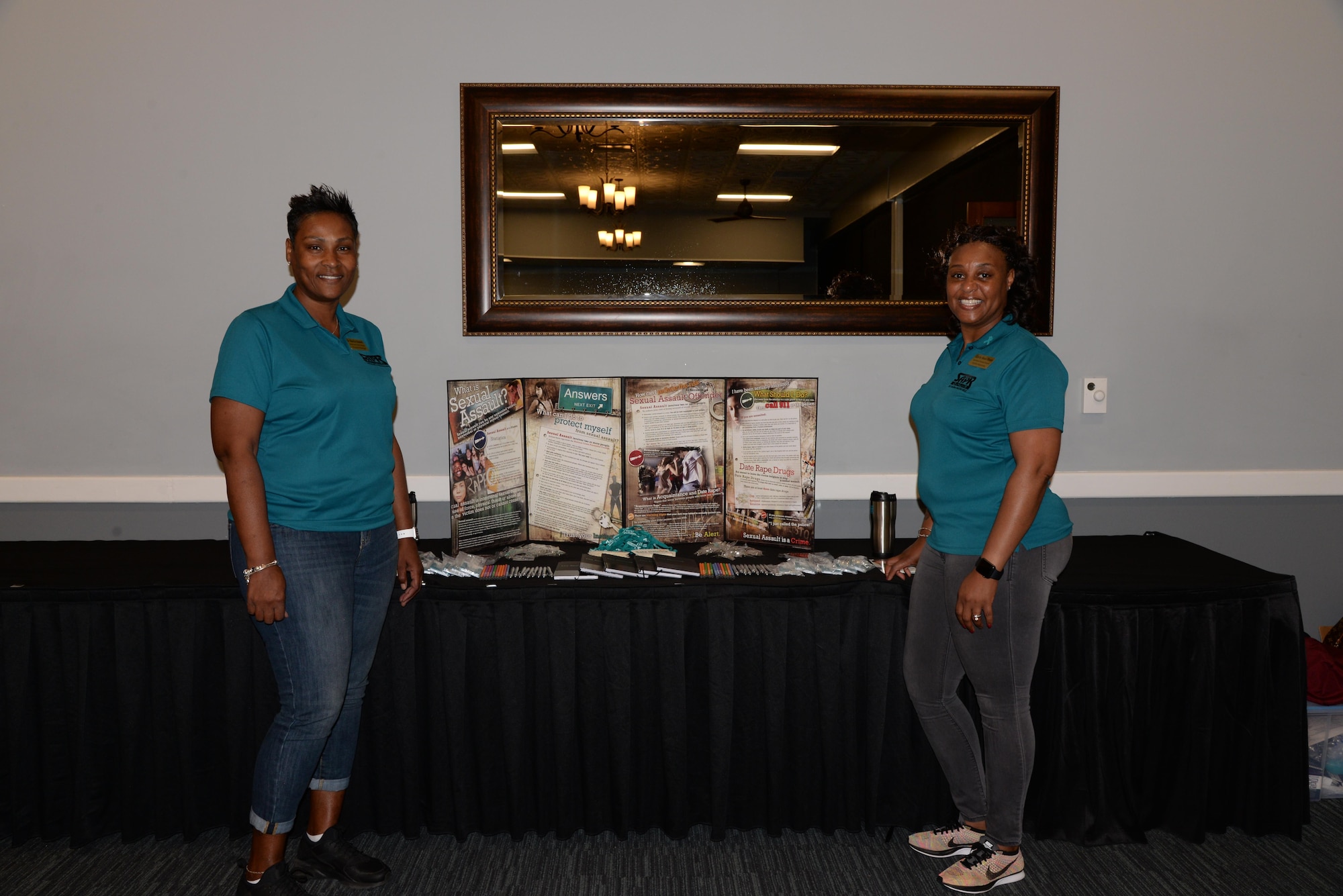 Dr. Marcia Stewart, Sexual Assault Prevention and Response Program Manager, and Carla Neal-Bush, SAPR Victim Advocate, host SAPR Bingo at the Columbus Club
April 26, 2017, Columbus Air Force Base, Mississippi. The SAPR office put on many events during the Sexual Assault Awareness Month including a 5K Run for Recovery, Strikeout Bowling and a Color Run.U.S. Air Force photo by Airman 1st Class Beaux Hebert)