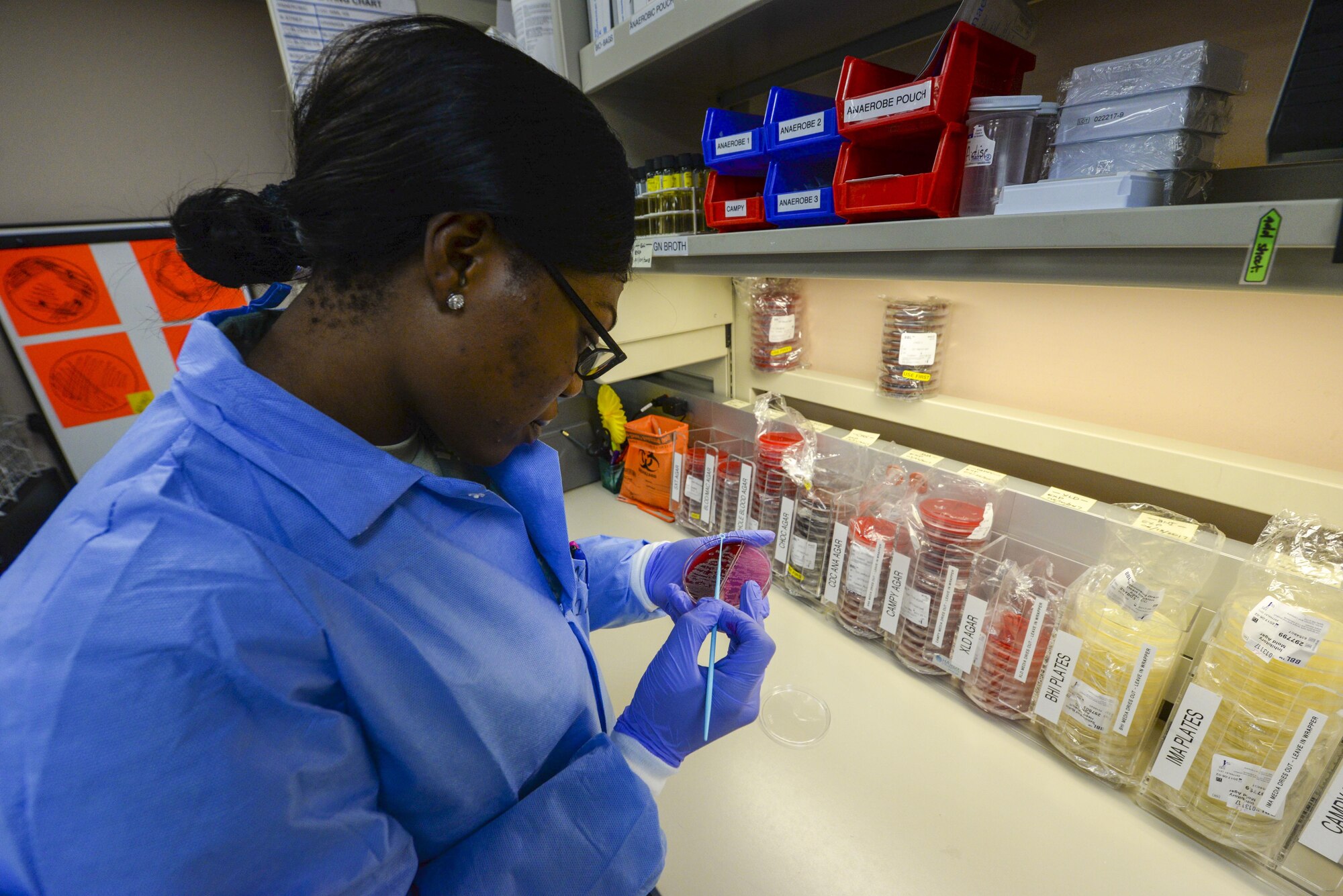 Airman 1st Class Shutyame Maryl-Lisa, 99th Medical Support Squadron laboratory technician, holds an agar plate at Nellis Air Force Base, Nev., April 24, 2017. The Microbiology section of the lab tests patients for infections caused by bacteria, fungi or parasites. Many types of specimens including blood, urine, stool and others are tested. (U.S. Air Force photo by Airman 1st Class Nathan Byrnes/Released)