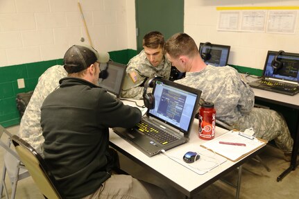 Soldiers at Fort McCoy for the Operation Cold Steel exercise learn about crew gunnery on the Virtual Battle Space software program April 10, 2017, at Range 26 on North Post. The training simulates Fort McCoy training areas and allows gunnery crews the ability to experience gunnery training before going out to a range to complete live-fire training. (U.S. Army Photo by Scott T. Sturkol, Public Affairs Office, Fort McCoy, Wis.)