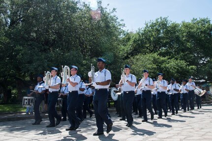The 737th Training Group Drum and Bugle Corps from Joint Base San Antonio-Lackland Air Force Base, Texas, performs April 24, 2017 at Alamo Plaza as part of Fiesta 2017 Air Force Day at the Alamo. Corps members are Air Force basic military trainees who have been in the Air Force less than six weeks. 