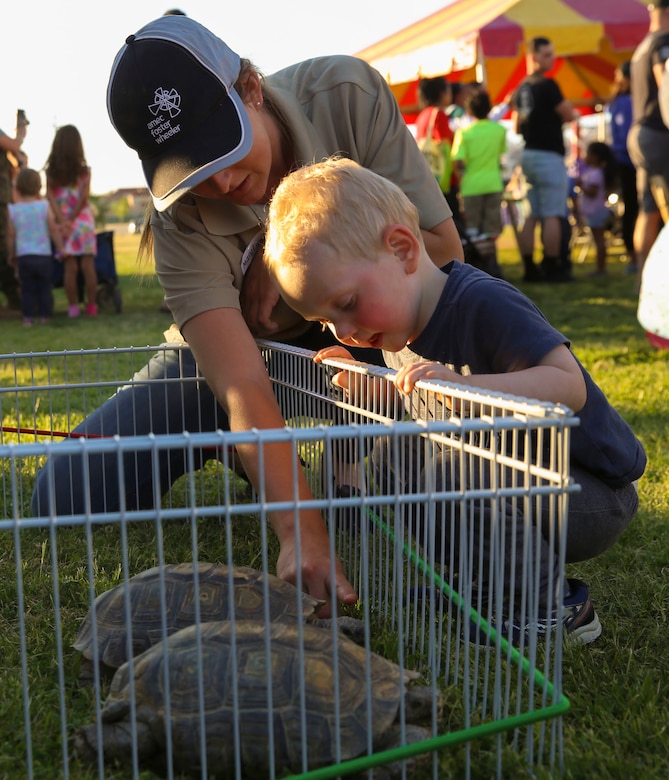Mary Lane Poe, biologist, Natural Resource and Environmental Affairs, shows a Combat Center child the different parts of a desert tortoise using Thelma and Louise, desert tortoise ambassadors,  as a reference during the Earth Day Extravaganza at the Lincoln Military Athletic Field at Marine Corps Air Ground Combat Center, Twentynine Palms, Calif, April 21, 2017. LMH and Natural Resources and Environmental Affairs hosted the event to encourage Combat Center residents to be more aware of the environment. (U.S. Marine Corps photo by Lance Cpl. Christian Lopez)