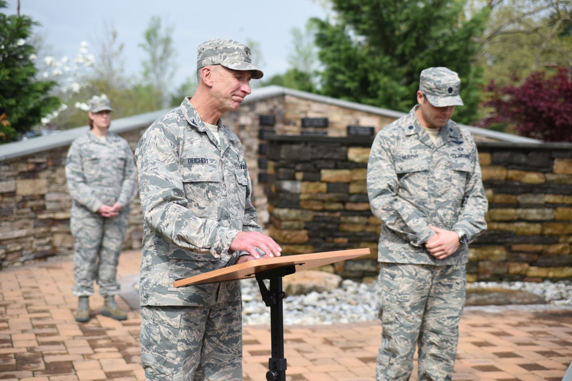 Chaplain (Col.) Joseph Deichert provides the invocation during the Air Advisor Memorial Ceremony, at Joint Base McGuire-Dix-Lakehurst, New Jersey, April 27, 2017.(U.S. Air Force photo/Brad Camara)