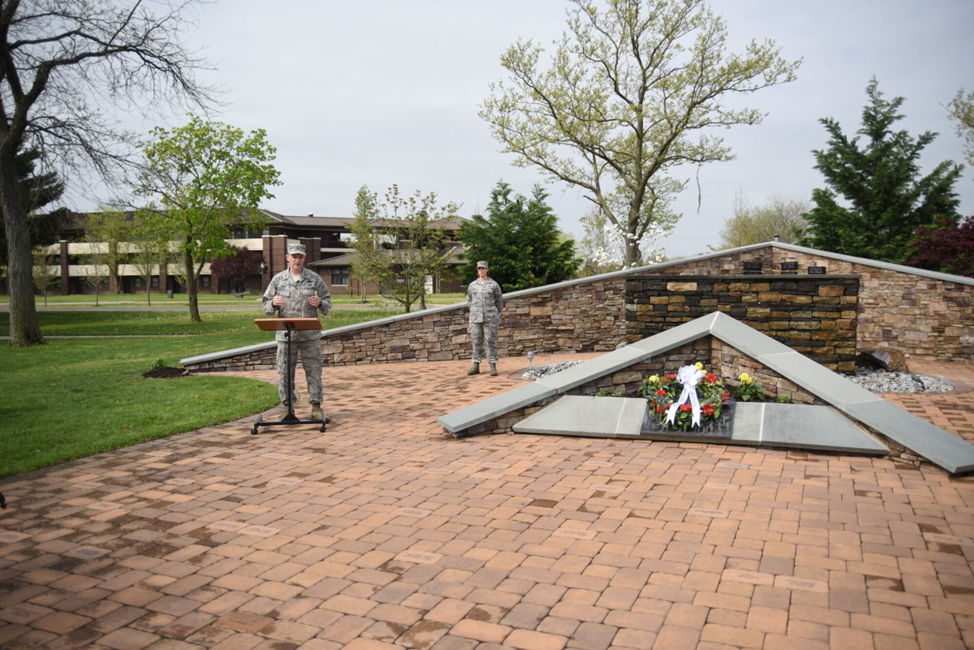 Col. Thomas O'Connell, USAF Expeditionary Operations School commander, provides remarks during the Air Advisor Memorial Ceremony, at Joint Base McGuire-Dix-Lakehurst, New Jersey, April 27, 2017.(U.S. Air Force photo/Brad Camara)