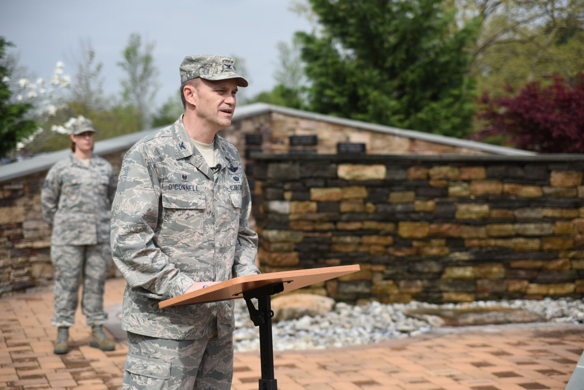 Col. Thomas O'Connell, USAF Expeditionary Operations School commander, provides remarks during the Air Advisor Memorial Ceremony, at Joint Base McGuire-Dix-Lakehurst, New Jersey, April 27, 2017.(U.S. Air Force photo/Brad Camara)