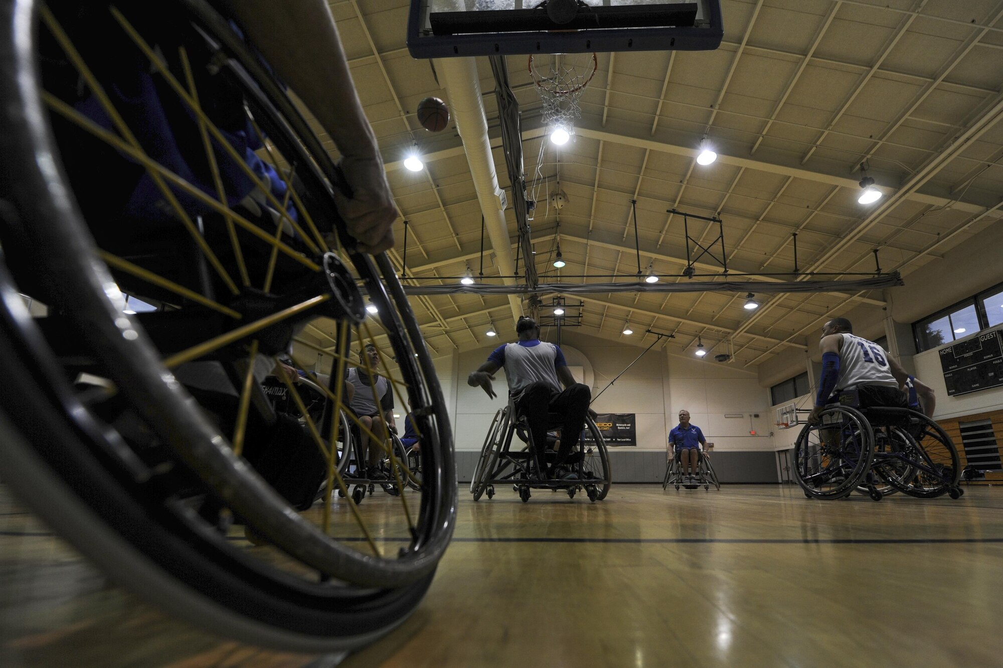 The Air Force wheelchair basketball team scrimmages during practice at Hurlburt Field, Fla., April 24, 2017. The team is composed of wounded warriors who compete against other Department of Defense teams. (U.S. Air Force photo by Airman 1st Class Dennis Spain)