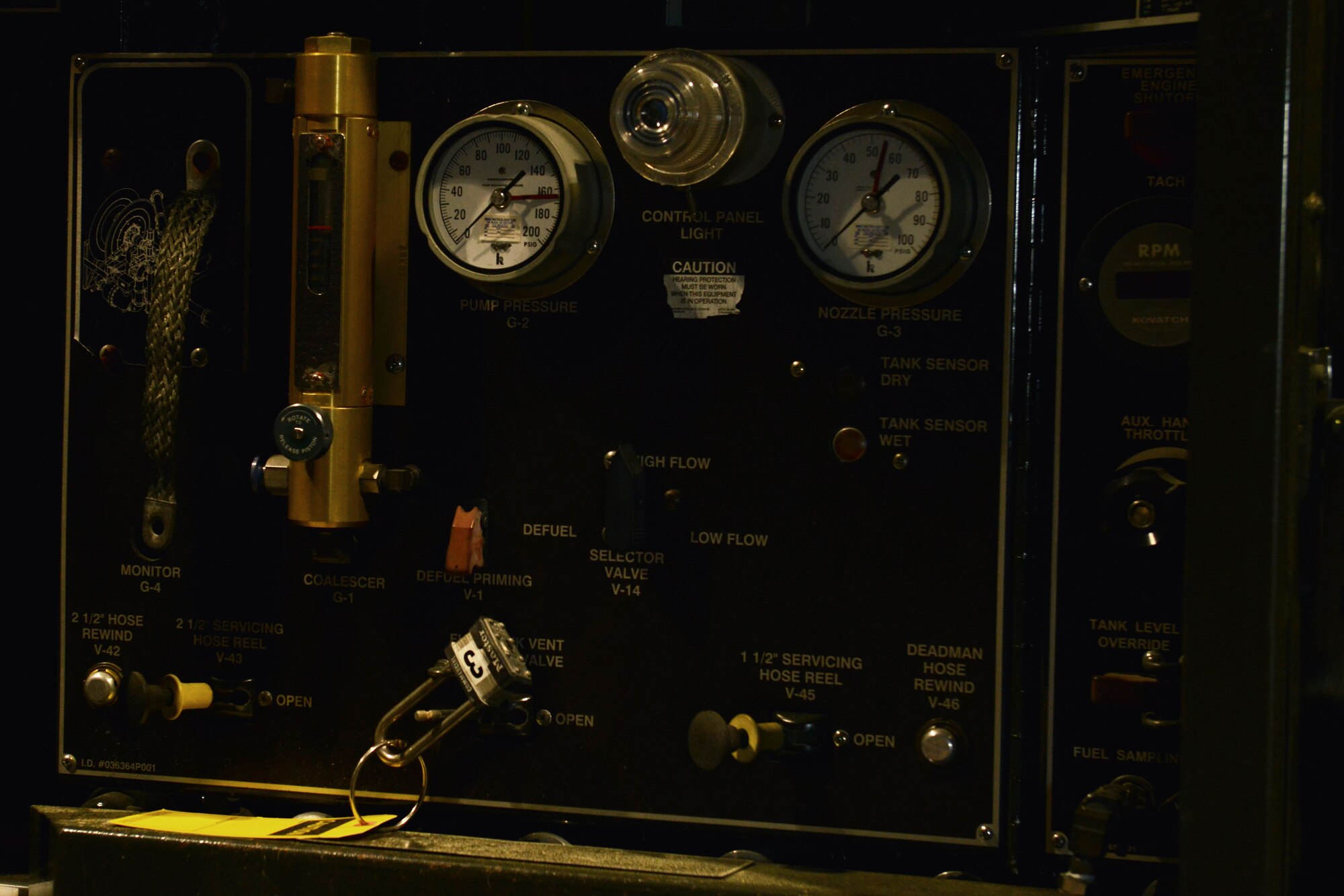 A control panel is open on an R-11 refueling truck at Shaw Air Force Base, S.C., April 27, 2017. The control panel allows operators to monitor fuel and system pressure in the R-11, which can carry up to 6,000 gallons of fuel. (U.S. Air Force photo by Airman 1st Class Destinee Sweeney)