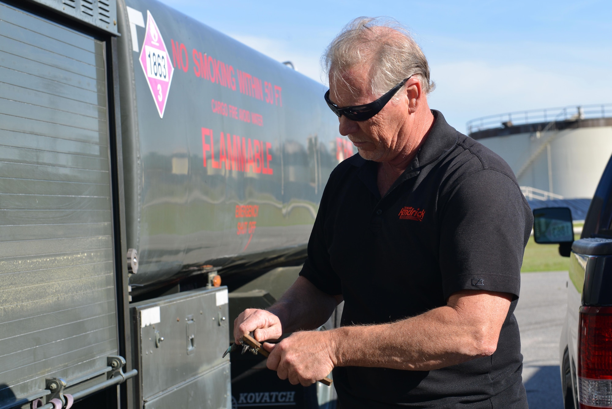 Milton Kyle, 20th Logistics Readiness Squadron refueling vehicle mechanic, cleans corrosion off of a battery cable at Shaw Air Force Base, S.C., April 27, 2017. The refueling maintenance flight maintains 19 vehicles used to refuel the 20th Fighter Wing’s F-16CM Fighting Falcons, which supply combat-ready suppression of enemy air defenses. (U.S. Air Force photo by Airman 1st Class Destinee Sweeney)