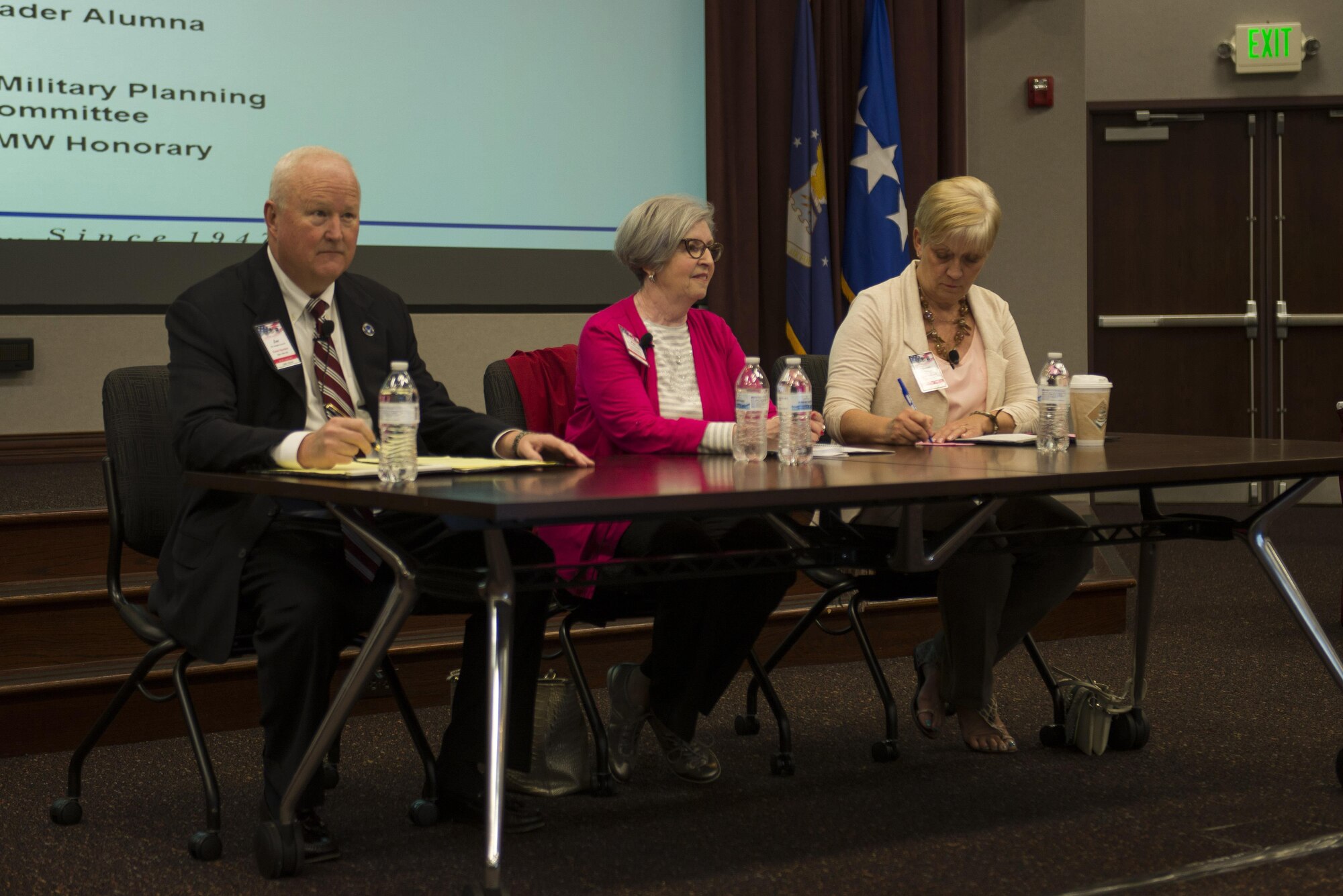Dr. Joe Leverett, Pat Gallagher and Janet Cowley answer questions during a civic leader panel as part of Phoenix Rally at Scott Air Force Base, Illinois, April 28, 2017. The civic leader panel emphasized the role civic leaders and honorary commanders play in their respective communities. (U.S. Air Force photo by Staff Sgt. Clayton Lenhardt)
