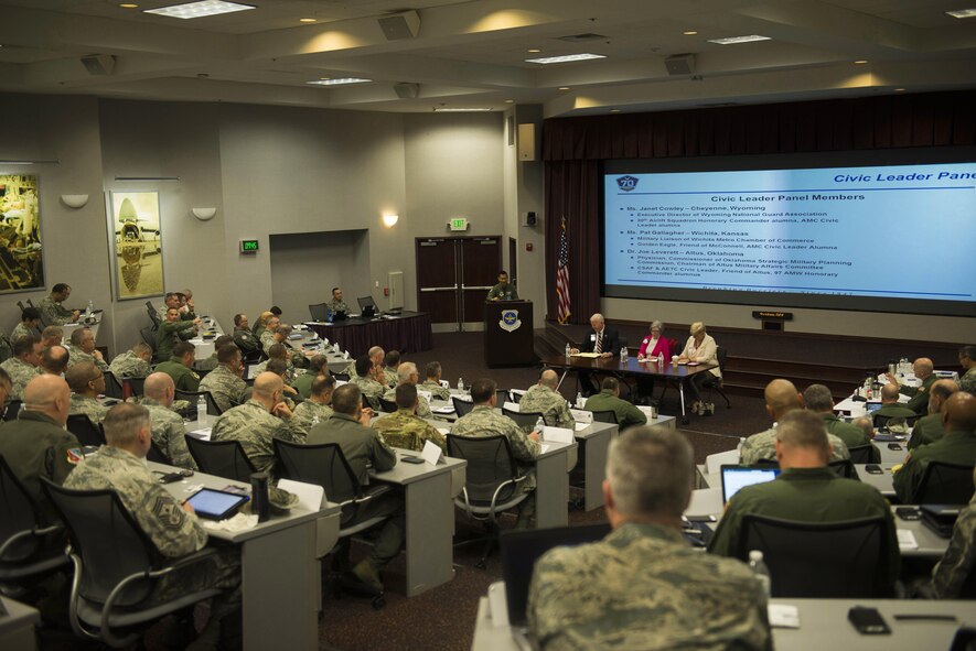 Dr. Joe Leverett, Pat Gallagher and Janet Cowley answer questions during a civic leader panel as part of Phoenix Rally at Scott Air Force Base, Illinois, April 28, 2017. The civic leader panel emphasized the role civic leaders and honorary commanders play in their respective communities. (U.S. Air Force photo by Staff Sgt. Clayton Lenhardt)