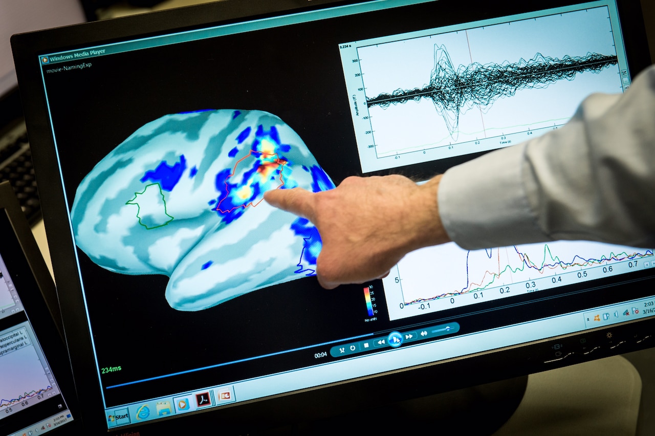 Magnetoencephalography laboratory scientist Mihai Popescu points out areas of magnetic activity in a brain on a display at the National Intrepid Center of Excellence at Walter Reed National Military Medical Center in Bethesda, Md., March 16, 2017. Air Force photo by J.M. Eddins Jr.