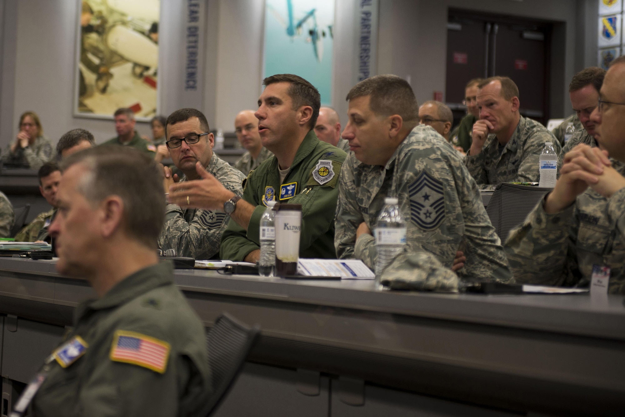 Col. John Klein, Jr., 60th Air Mobility Wing commander, asks a question during the 2017 Spring Phoenix Rally at Scott Air Force Base, Illinois, April 28. During Phoenix Rally, AMC leaders discussed a range of total force issues to include squadron revitalization, strengthening joint leaders and teams, pilot shortage, and the demand of mobility air force capability worldwide. (U.S. Air Force photo by Staff Sgt. Clayton Lenhardt)