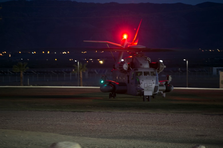 A CH-53 ‘Super Stallion’ helicopter prepares to take-off at Del Valle Field during a non-combatant Evacuation Operation exercise as part of Weapons and Tactics Instructor Course 2-17 aboard Marine Corps Air Ground Combat Center Twentynine Palms, Calif., April 21, 2017. NEO exercises simulate real-life scenarios where non-combatants are evacuated from a potentially hostile area. (U.S. Marine Corps photo by Cpl. Julio McGraw)