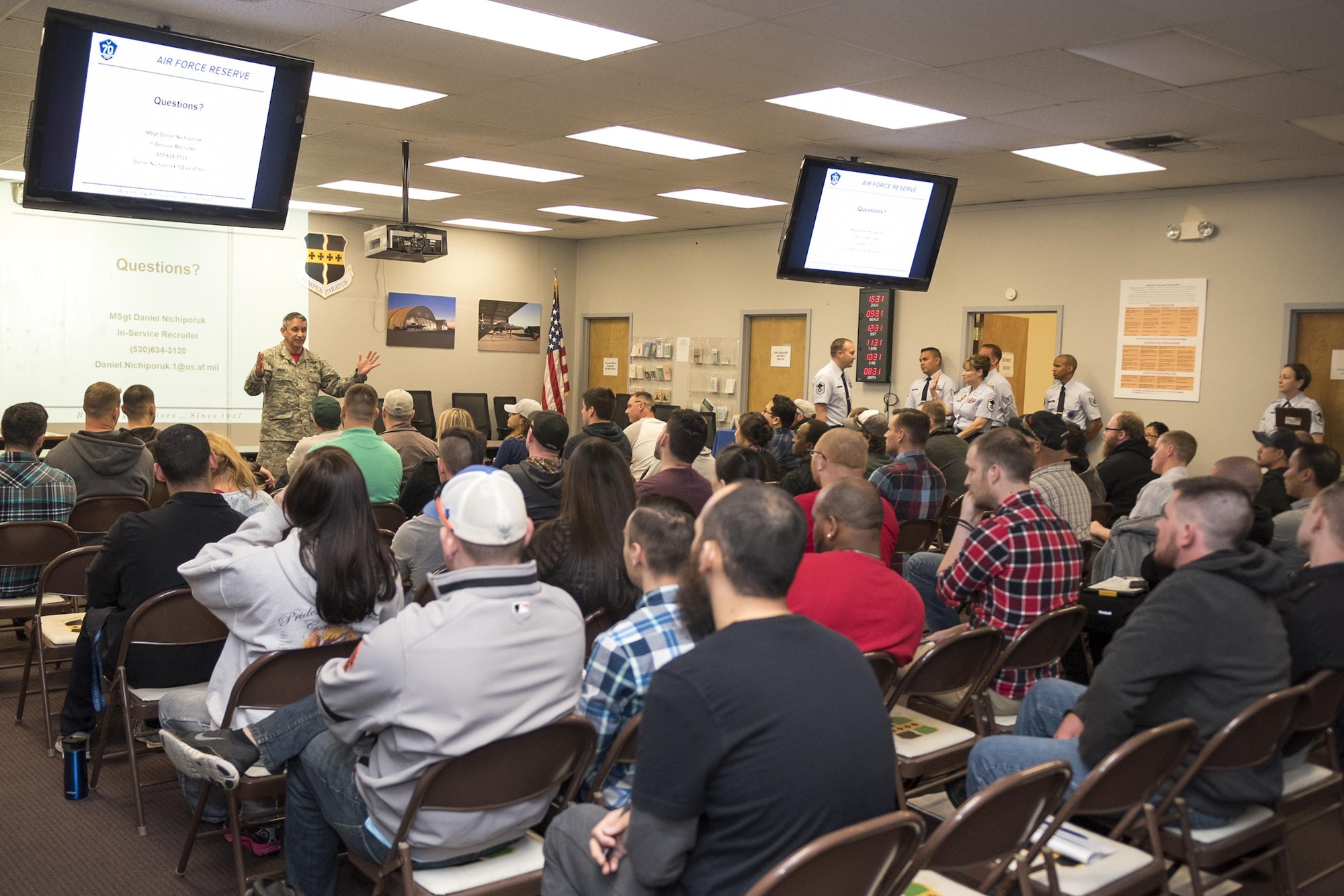 Chief Master Sgt. Carmen Madia, 904th Air Refueling Wing command chief, speaks to members of the Individual Ready Reserve attending an annual IRR muster at Beale Air Force Base, Calif. April 8, 2017. Madia told the IRR members about his career history and how he came back to the Reserve after a break-in-service. (U.S. Air Force photo by Staff Sgt. Brenda Davis)