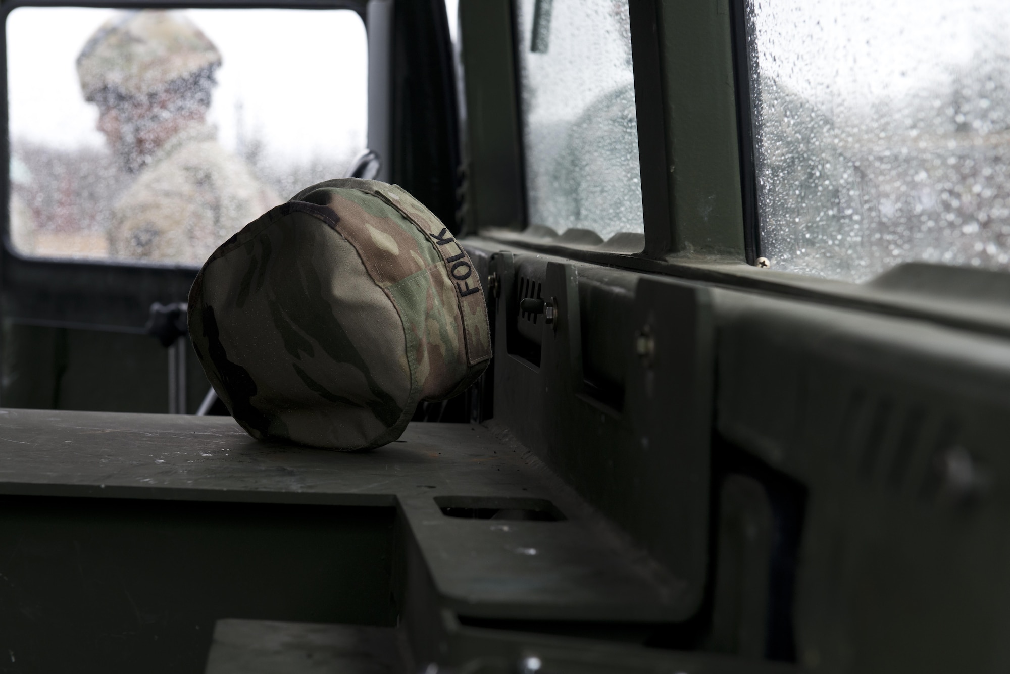 A Soldier's cover rests inside a humvee April 28th during the 98th Maintenance Company's maintenance rodeo. The competition required platoons to exercise their maintenance professionalism in several fields under a time limit. 