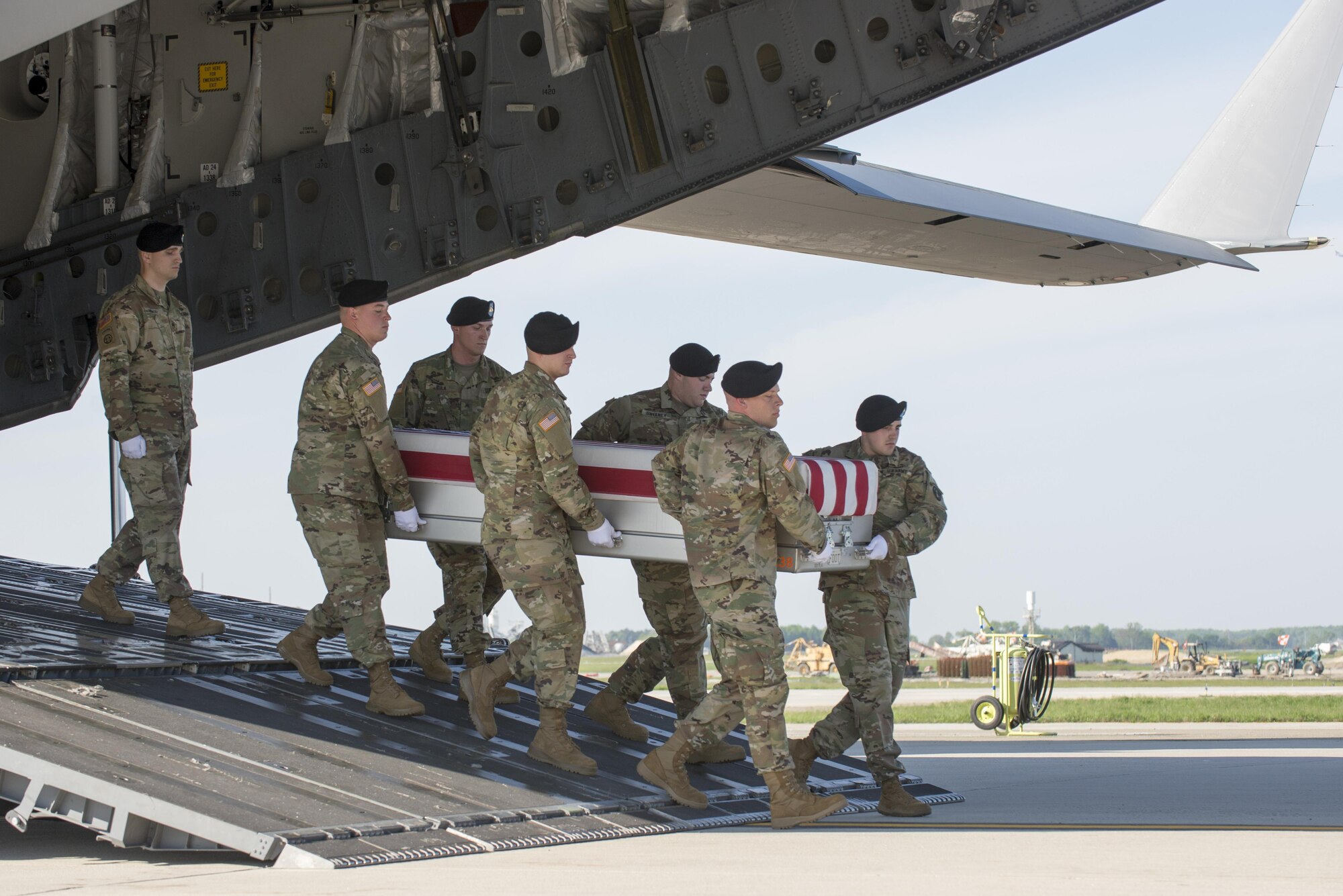 A U.S. Army carry team transfers the remains of Army Sgt. Joshua P. Rodgers of Bloomington, Ill., April 28, 2017, at Dover Air Force Base, Del. Rodgers was assigned to the 3rd Battalion, 75th Ranger Regiment, Fort Benning, Ga. (U.S. Air Force photo by Staff Sgt. Jared Duhon)