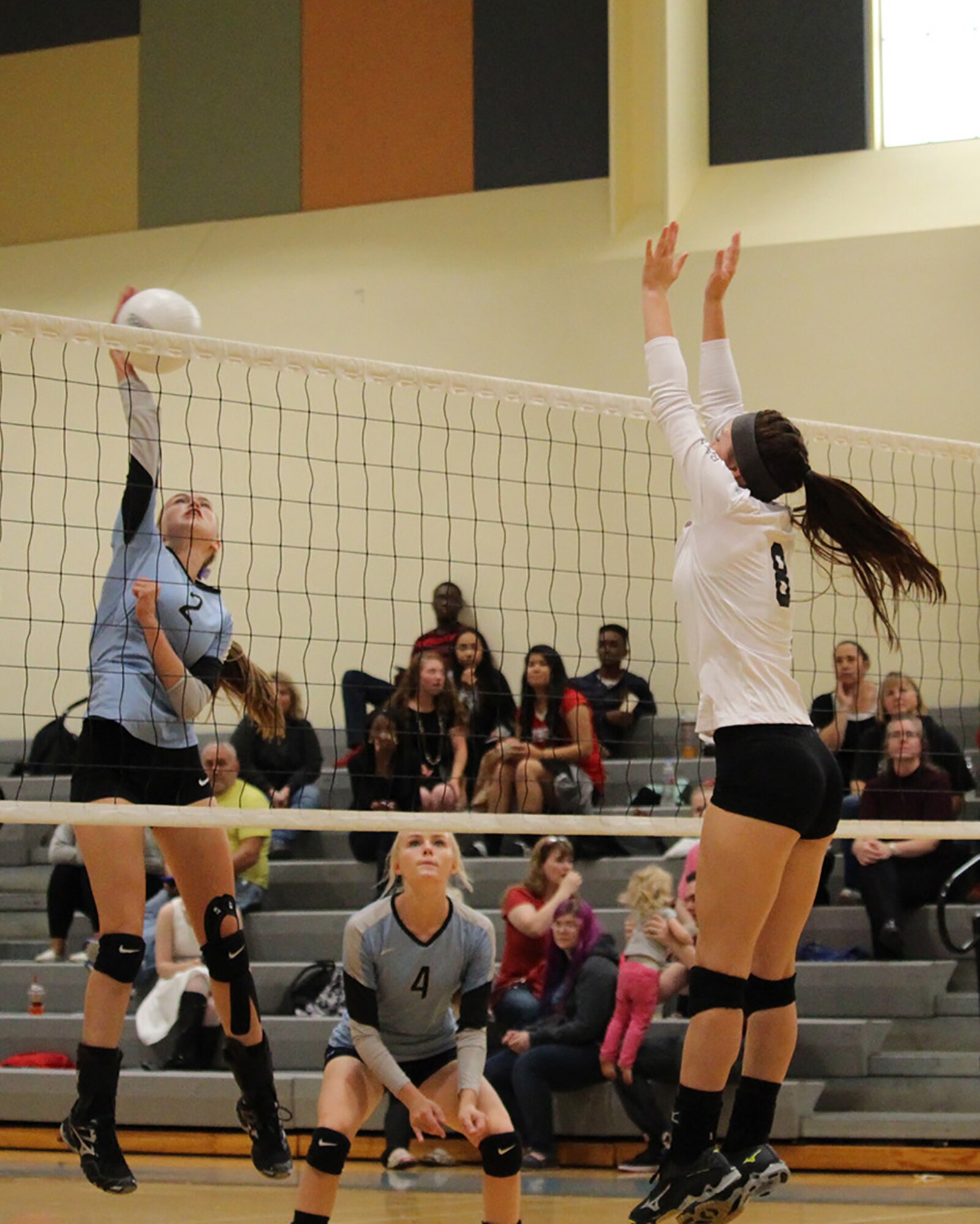 Emily Donovan, daughter of Senior Master Sgt. Rebecca Donovan, 168th Force Development superintendent, goes up for a block during a match earlier this year. Emily, a senior at Ben Eielson High School, Eielson AFB, Alaska, signed her college letter of intent today, April 27, 2017, agreeing to play volleyball for Tennessee Wesleyan University. (Courtesy photo by Senior Master Sgt. Rebecca Donovan/Released)