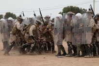 Marines with Marine Company B, 4th Law Enforcement Battalion, Soldiers with the 805th Military Police Company, and Royal Moroccan Armed Forces subdue the leader of the pseudo-rioters as part of crowd control training during Exercise African Lion in Tifnit, Morocco, on April 24, 2017. Exercise African Lion is an annually scheduled, combined multilateral exercise designed to improve interoperability and mutual understanding of each nation’s tactics, techniques and procedures.