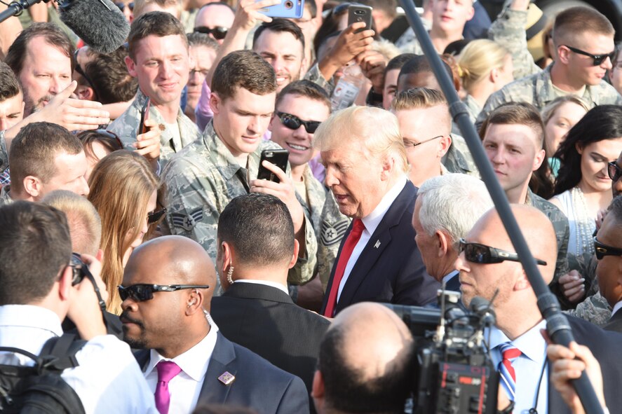 President Donald J. Trump and Vice President Mike Pence shake the hands of 193rd Special Operations Wing Airmen, and Airmen’s family and friends, Middletown, Pennsylvania, April 29, 2017. The President and Vice President landed at the 193rd SOW and were on their way the Harrisburg Farm Show Complex for President Trump’s 100th day rally when they made time to greet those that awaited their arrival. (U.S. Air National Guard Photo by Master Sgt. Culeen Shaffer/Released)