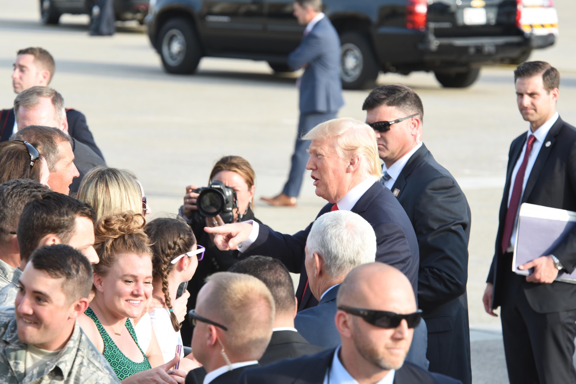 President Donald J. Trump and Vice President Mike Pence shake the hands of 193rd Special Operations Wing Airmen, and Airmen’s family and friends, Middletown, Pennsylvania, April 29, 2017. The President and Vice President landed at the 193rd SOW and were on their way the Harrisburg Farm Show Complex for President Trump’s 100th day rally when they made time to greet those that awaited their arrival. (U.S. Air National Guard Photo by Master Sgt. Culeen Shaffer/Released)