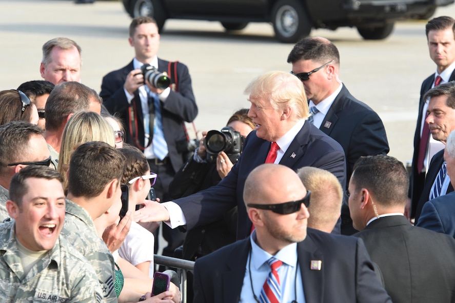 President Donald J. Trump and Vice President Mike Pence shake the hands of 193rd Special Operations Wing Airmen, and Airmen’s family and friends, Middletown, Pennsylvania, April 29, 2017. The President and Vice President landed at the 193rd SOW and were on their way the Harrisburg Farm Show Complex for President Trump’s 100th day rally when they made time to greet those that awaited their arrival. (U.S. Air National Guard Photo by Master Sgt. Culeen Shaffer/Released)