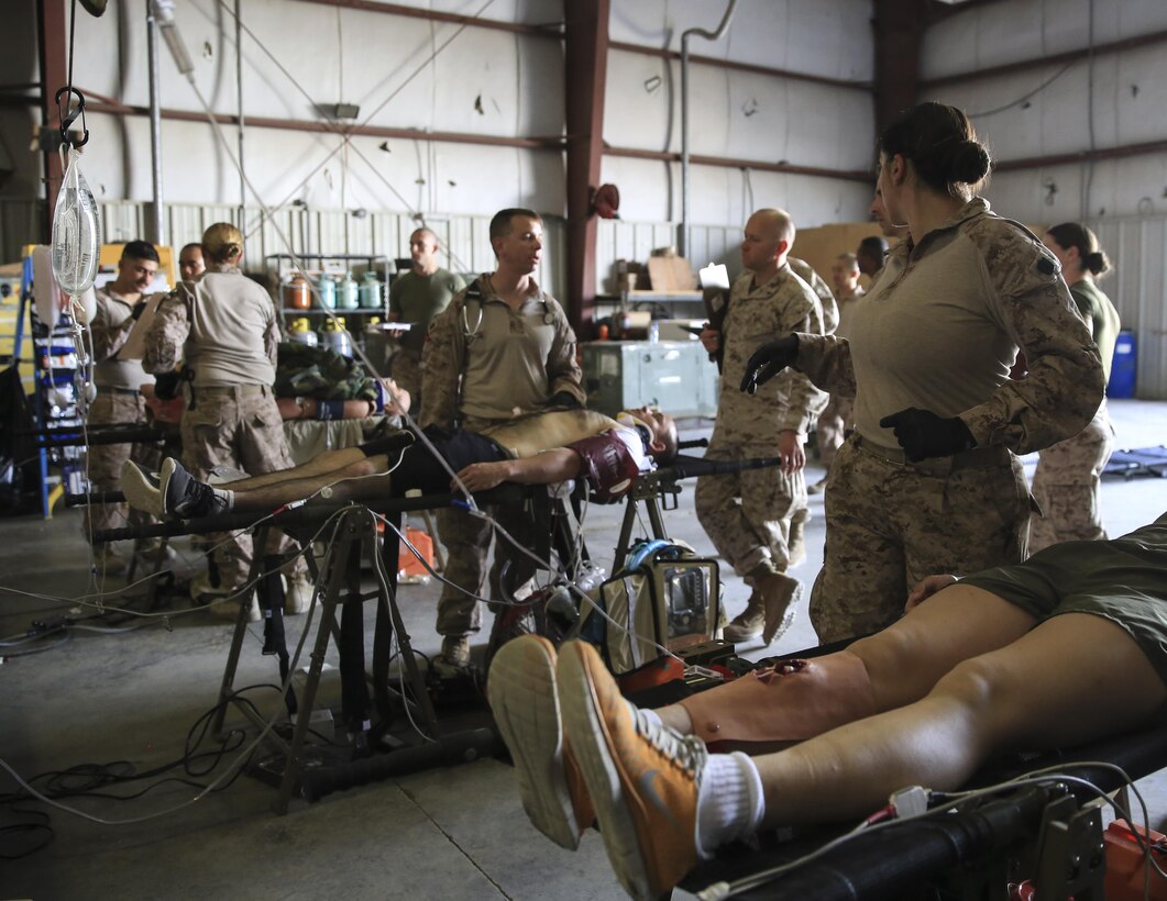 U.S. Sailors with the Shock Trauma Platoon, Special Purpose Marine Air-Ground Task Force-Crisis Response-Central Command, rehearse their emergency medicine capabilities on simulated casualties while forward deployed in the Middle East, April 23, 2017. The exercise demonstrated the STP’s ability to care for critically injured casualties in a limited resource environment enhancing the SPMAGTF’s ability to respond to any crisis that may occur in the U.S. Central Command area of responsibility. The STP continues to become more adaptable by training with scalable options for personnel, equipment, and supplies to provide the SPMAGTF with a more agile and maneuverable role-2 medical capability. (U.S. Marine Corps photo by Cpl. Kyle McNan)  
