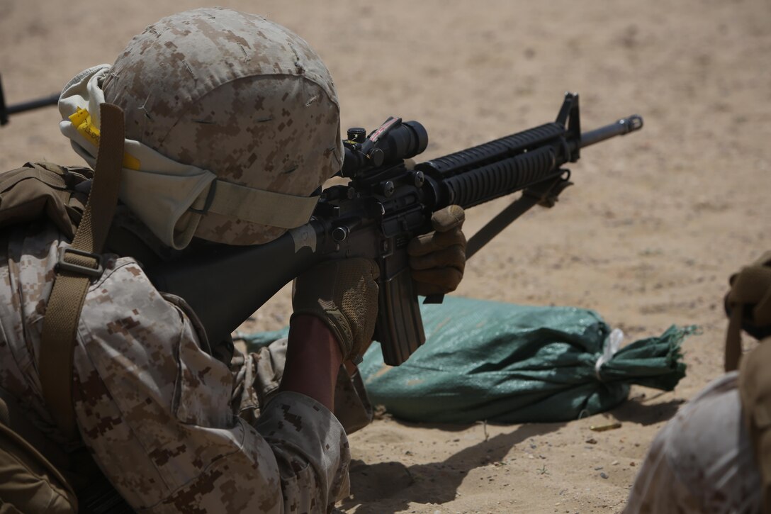 U.S. Marine Corps Lance Cpl. Davidjosue Toledo, a refrigeration and air conditioning technician with Marine Wing Support Squadrion 372, Special Purpose Marine Air-Ground Task Force-Crisis Response-Central Command, sights in on a target during a battle sight zero range while forward deployed in the Middle East, April 23, 2017. The training was conducted to ensure SPMAGTF Marines are prepared to react and respond to a variety of scenarios that may occur across the USCENTCOM area of operations. SPMAGTF-CR-CC is a well-trained crisis response unit that has the ability to project combat power over vast distances using organic aviation, logistical, and ground combat assets. (U.S. Marine Corps photo by Lance Cpl. Joshua S. McAlpine)