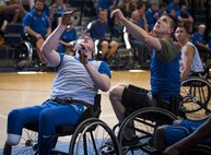 Austin Williamson, an Air Force Warrior Games wheelchair basketball player, waits for a rebound during a scrimmage game on the final day of a training camp held at Eglin Air Force Base, Fla., April 28. The base-hosted, week-long Warrior Games training camp is the last team practice session before the yearly competition in June. (U.S. Air Force photo/Samuel King Jr.)