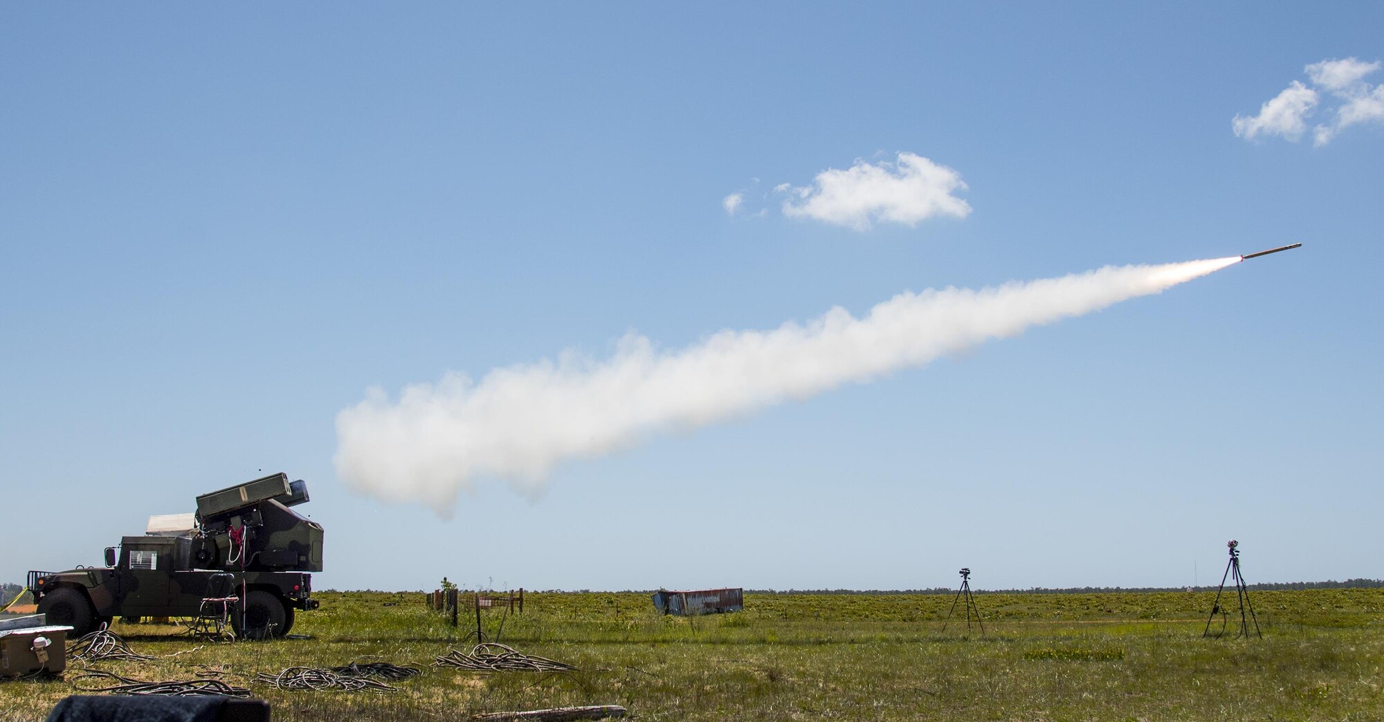 An FIM-92 Stinger missile is fired downrange from an Army Avenger vehicle at the Eglin Air Force Base range April 20. The 96th Test Wing hosted the Army’s Stinger Based Systems and the Florida National Guard’s 3rd Battalion, 265 Air Defense Artillery Regiment for two days of testing. (U.S. Air Force photo/Samuel King Jr.)