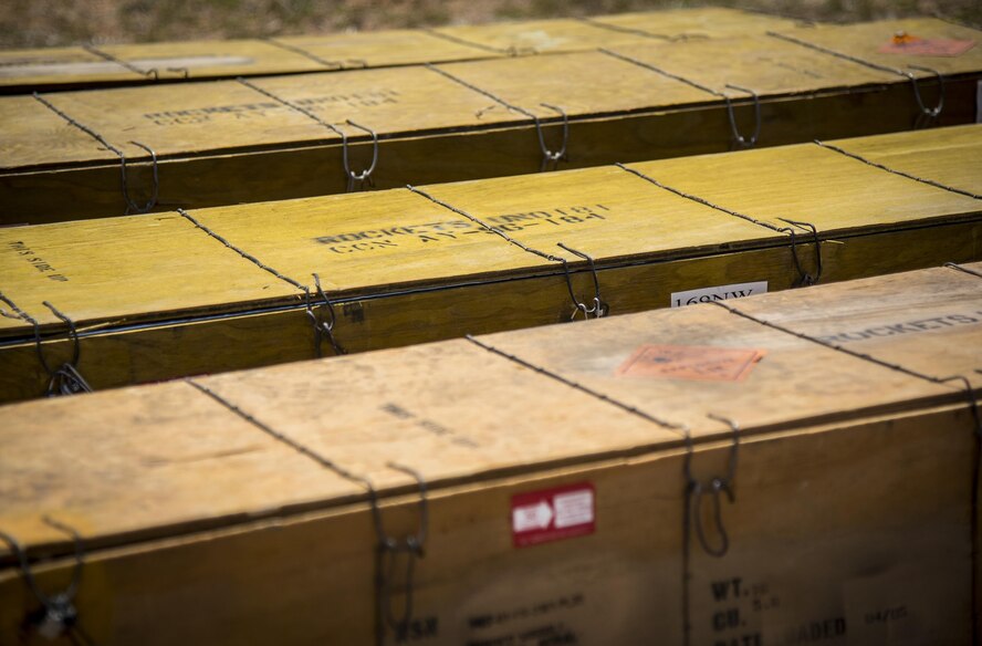 Crates of rockets wait to be opened during some Stinger missile testing by Army’s Stinger Based Systems and the Florida National Guard’s 3rd Battalion, 265 Air Defense Artillery Regiment at Eglin Air Force Base, Fla. April 20. (U.S. Air Force photo/Samuel King Jr.)