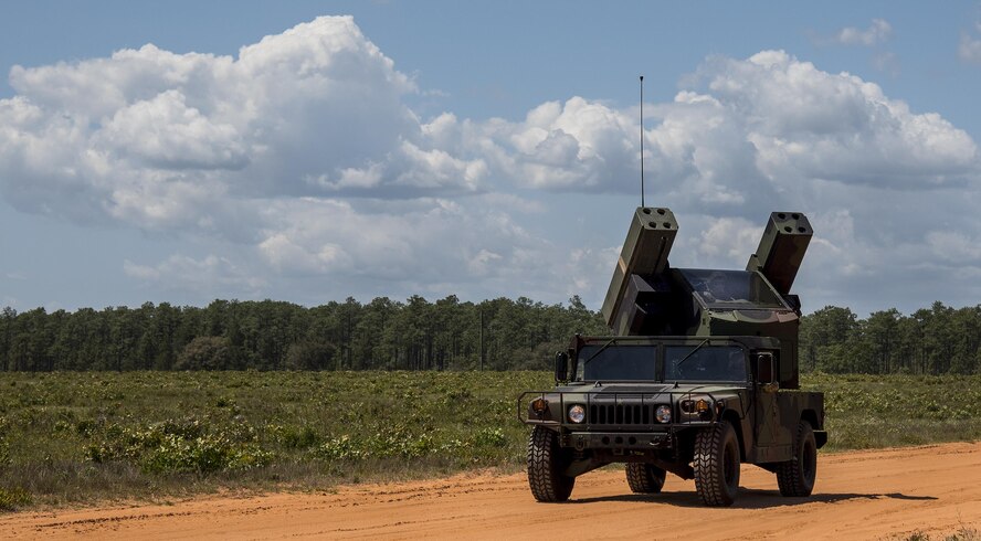 The Army Avenger’s turret rotates as the vehicle drives down an Eglin Air Force Base range road April 20.  The Florida National Guard’s 3rd Battalion, 265 Air Defense Artillery Regiment along with the Army’s Stinger Based Systems used the range to test fire stinger missiles from the vehicle. (U.S. Air Force photo/Samuel King Jr.)
