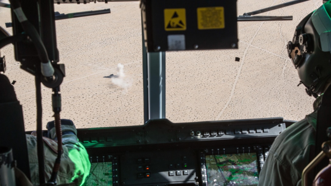 U.S Marine Corps UH-1Y pilots with Marine Light Attack Helicopter Squadron 167, Marine Air Ground Task Force 8 (MAGTF) observe the impact areas from a UH-1Y Huey Helicopter while conducting a close air support drill during Integrated Training Exercise (ITX) 5-17 at Marine Corps Air Ground Combat Center, Twentynine Palms, Calif., July 21, 2017. The purpose of ITX is to create a challenging, realistic training environment that produces combat-ready forces capable of operating as an integrated MAGTF. (U.S. Marine Corps Photo by Sgt. Kassie L. McDole)
