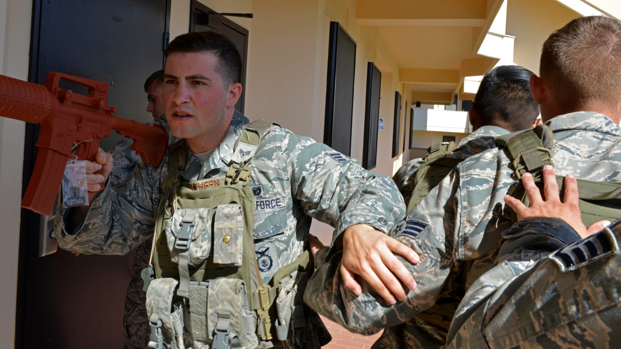 Senior Airman Jacob Southern, 31st Security Forces Squadron security response team member, provides security for his team during close-quarters battle training, July 27, 2017, at Aviano Air Base, Italy. The training consisted of defenders working in groups of four or five individuals to safely check rooms for enemy threats. (U.S. Air Force photo by Senior Airman Cary Smith)