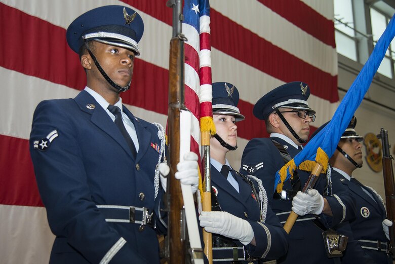 Moody Air Force Base Honor Guard present the colors during a Senior NCO induction ceremony, July 28, 2017, at Moody Air Force Base, Ga. The event honored and celebrated the Airmen who have earned the rank of master sergeant. (U.S. Air Force photo by Airman 1st Class Erick Requadt)