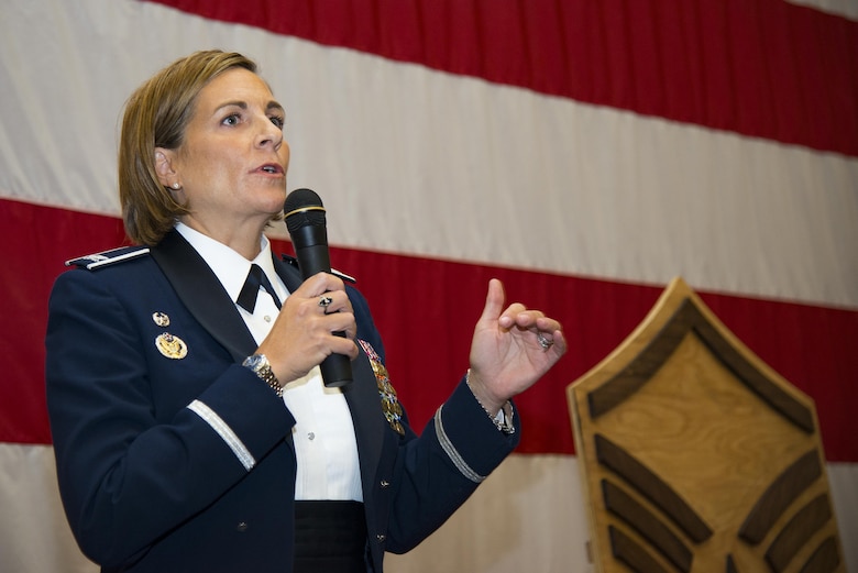 Col. Jennifer Short, 23d Wing commander, gives closing remarks at a Senior NCO induction ceremony, July 28, 2017, at Moody Air Force Base, Ga. The event honored and celebrated the Airmen who have earned the rank of master sergeant. (U.S. Air Force photo by Airman 1st Class Erick Requadt)