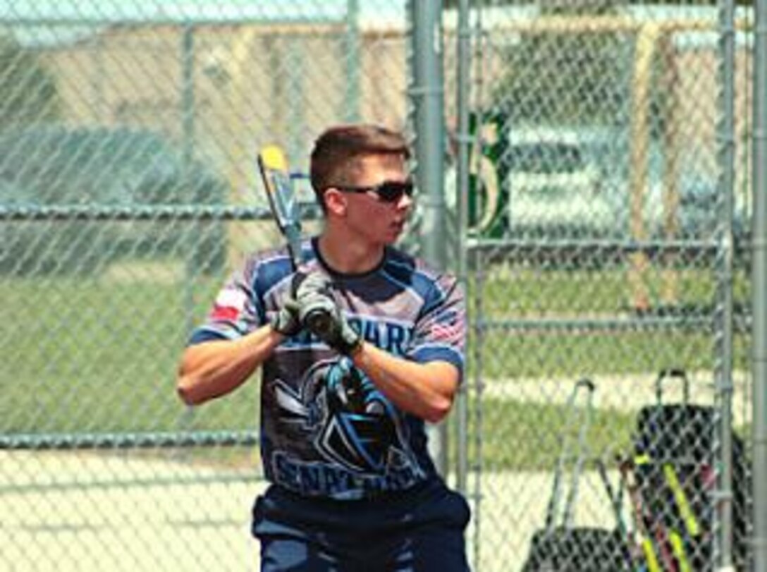 Senior Airman Patrick Asbell, 82nd Logistics Readiness Squadron logistics planner, competes with the Sheppard Senator softball team in the Band-Aid tournament in Colorado Springs, Colo., June 9-11, 2017. The Senator team will represent Sheppard Air Force Base, Texas, in the varsity B division in the Worlds Armed Forces Tournament Aug. 10-13, 2017. (U.S. Air Force courtesy photo)
