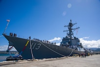 PEARL HARBOR (July 10, 2017) The future Arleigh Burke-class guided-missile destroyer USS John Finn (DDG 113) is pierside at Joint Base Pearl Harbor-Hickam in preparation for its commissioning ceremony. John Finn is named in honor of Lt. John William Finn, a chief aviation ordnanceman and the first member of the armed services to earn the Medal of Honor during World War II for heroism during the attack on Pearl Harbor. (U.S. Navy photo by Mass Ccommunication Specialist 3rd Class Justin R. Pacheco/Released)