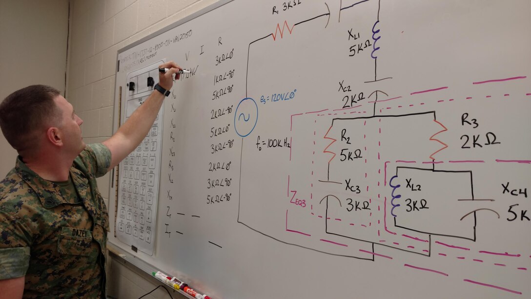 Staff Sergeant Joseph A. Dazey demonstrates solving circuit parameters for an alternating current,   capacitive/inductive /resistive circuit. This exercise is part of the Advanced Electronics Course, a requirement to become proficient in the ability to perform complex diagnosis, field level repairs, and modifications to electronics systems used by the Marine Corps. After completing his follow-on course, Staff Sergeant Dazey will earn the MOS of 2862 and the operational title of Electronics Maintenance Technician, which will enable him to lead, instruct, train, and supervise Marines in their duties as electronics maintenance Marines.