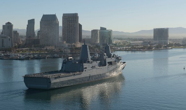 161118-N-MZ078-397SAN DIEGO (Nov. 18, 2016)  San Antonio-class amphibious transport dock ship USS John P. Murtha (LPD 26) arrives to its new homeport Naval Base San Diego Nov. 18. (U.S. Navy photo by Seaman Lucas T. Hans/Released)