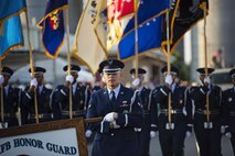 The Dover Air Force Base Honor Guard marches in the Delaware State Fair’s Military Appreciation Day parade July 26, 2017, in Harrington, Del. Dover AFB is home to the 436th and 512th Airlift Wings, alongside several other mission partners. (U.S. Air Force photo by Capt. Bernie Kale)
