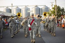 The Delaware National Guard Band marches in the Delaware State Fair’s Military Appreciation Day parade July 26, 2017, in Harrington, Del. To celebrate the Armed Forces, fair admission was free for all military members. (U.S. Air Force photo by Capt. Bernie Kale)