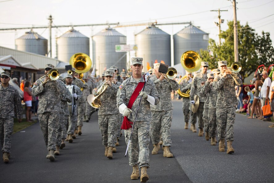 The Delaware National Guard Band marches in the Delaware State Fair’s Military Appreciation Day parade July 26, 2017, in Harrington, Del. To celebrate the Armed Forces, fair admission was free for all military members. (U.S. Air Force photo by Capt. Bernie Kale)