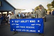 Airmen of the 512th Airlift Wing march in the Delaware State Fair’s Military Appreciation Day parade July 26, 2017, in Harrington, Del. The 512th AW the Air Force Reserve mission partner based at Dover Air Force Base, Del. (U.S. Air Force photo by Capt. Bernie Kale)