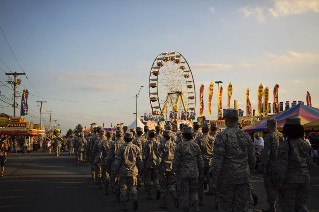 The Delaware State Fair’s Military Appreciation Day parade marches through the fairgrounds July 26, 2017, in Harrington, Del. Military Appreciation Day is an annual event at the state fair. (U.S. Air Force photo by Capt. Bernie Kale)